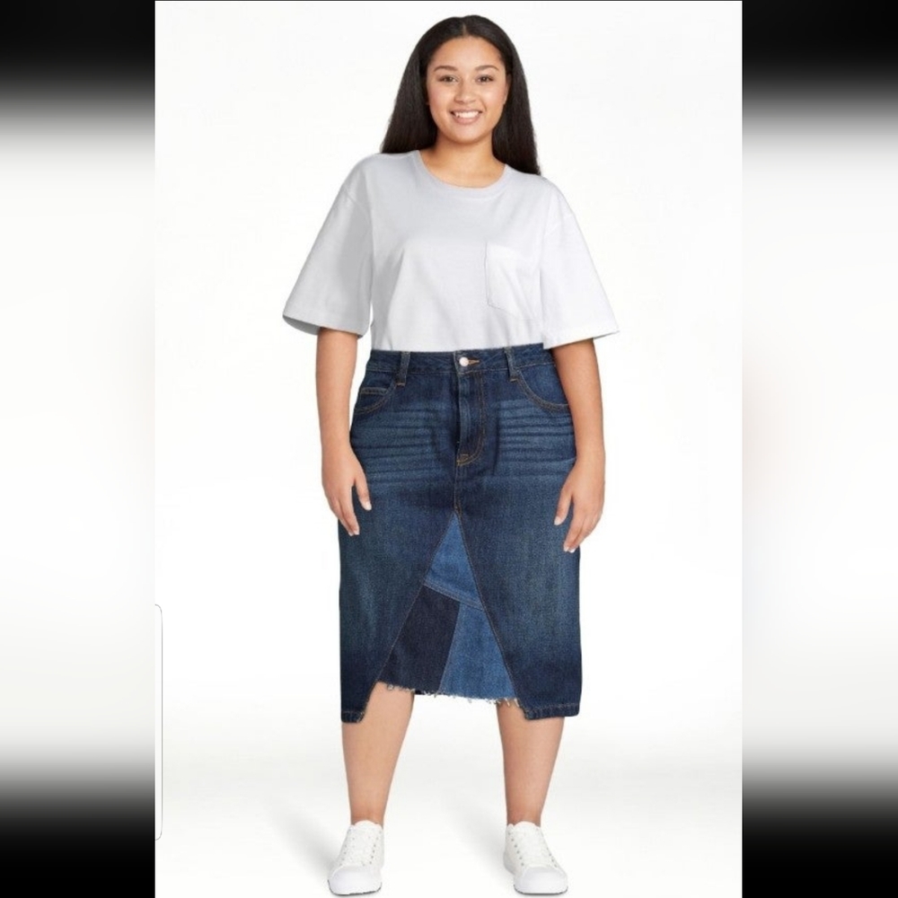 Patchwork Tri Denim Medium Wash Midi Skirt - Picture 1 of 7